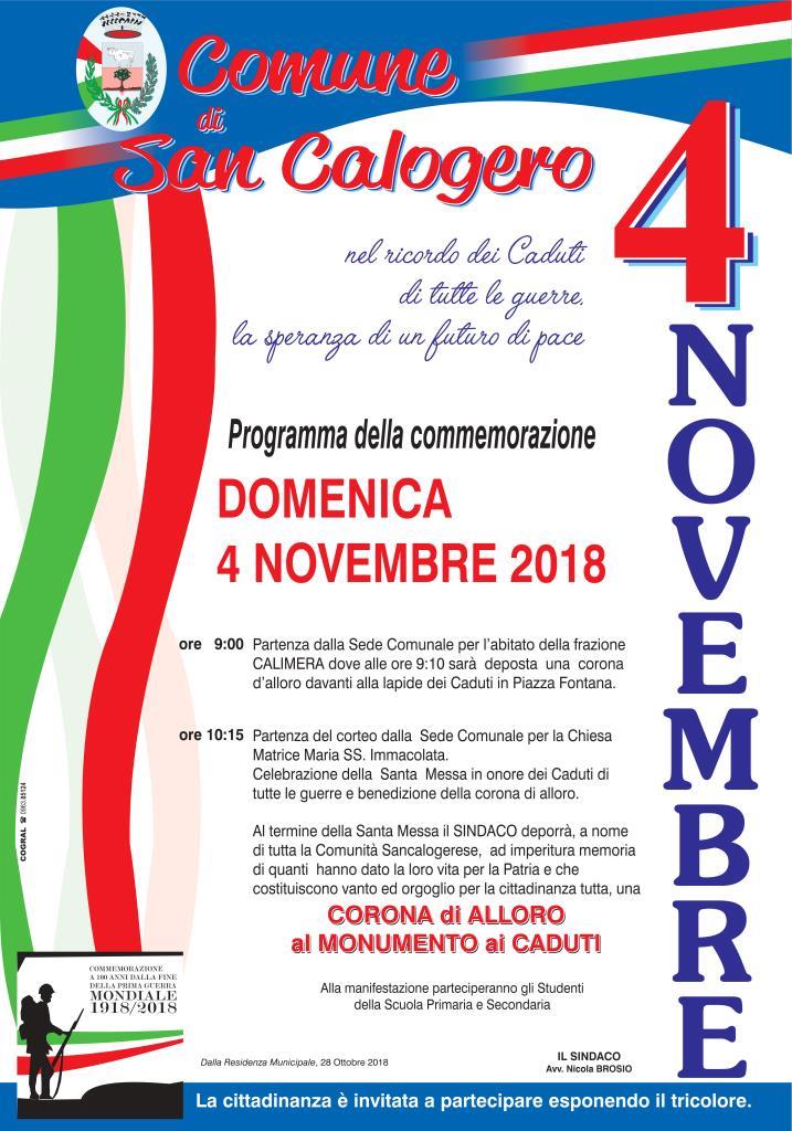 Programma commemorazione 4 novembre 2018